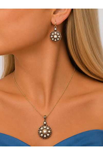 FUYA JEWELLERY Elmas Montür Çiçek Motif Kolye, Küpe Set