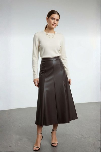 Grenj Fashion Fusta maxi talie înaltă din piele artificială maro