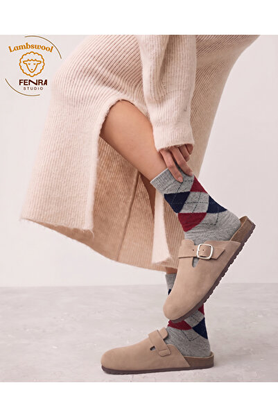 FENRA STUDIO Women's Winter Thermal Wool Warm Lambswool Gray Red Checked Socks