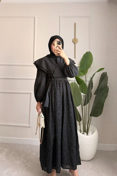 ensade Design Balloon Sleeve Yellow Summer Belted Lined Black Scallop Dress