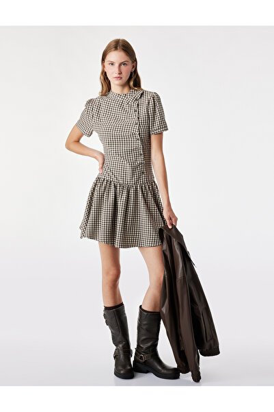 Koton Viscose Blended Button Detailed Short Sleeve High Collar Mini Plaid Dress