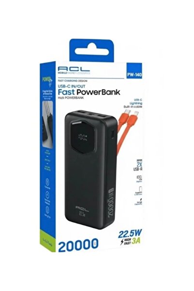 ACL 20000mAh 22.5W Süper Hızlı Şarj Powerbank – Dahili USB-C & Lightning Kabl...