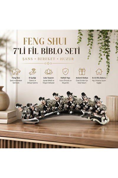 e-life shop Lüks Aynalı Motifli Feng Shui 7’li Şans Bereket Fil Biblo Seti 26...