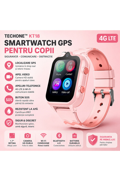 Techone Ceas Smartwatch GPS Copii Localizare Telefon KT18, 4G LTE Apel Video Camera HD Wi-Fi Bluetooth SOS Roz