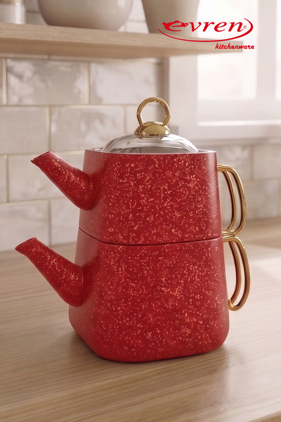 Evren Red Square Granite Teapot Set Medium Size (1.25+2.25 Lt)