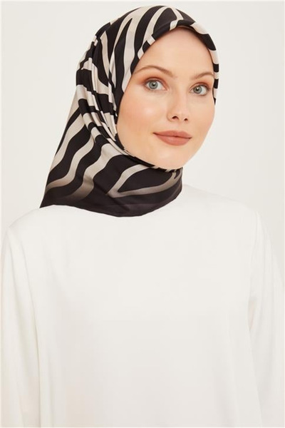 Armine İpek Eşarp Nostalji - 8274-01 Siyah Krem Zebra Twill