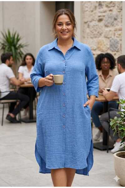 MODA Büyük Beden Keten Kadın Gömlek Elbise