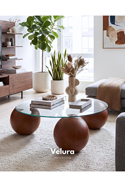 Velura Home & Living Modern Orta Sehpa & Küre-Top Sehpa & Yuvarlak Cam - Ceviz