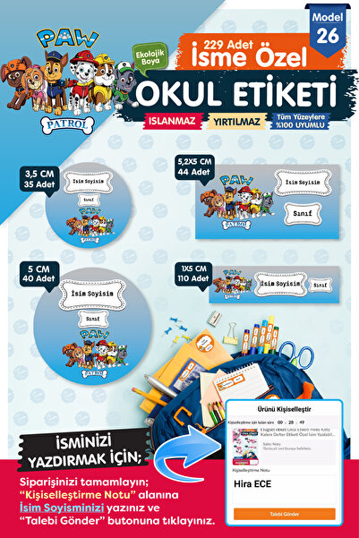 t tuğset etiket Okul Etiketi Paw Patrol Kalem Defter Etiketi Özel İsim Yazıla...