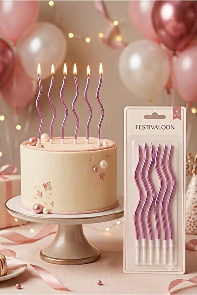 FESTİVALOON Metalize Pembe Kıvrımlı Mum 6 Adet Dalgalı Uzun Doğum Günü Şık Pa...