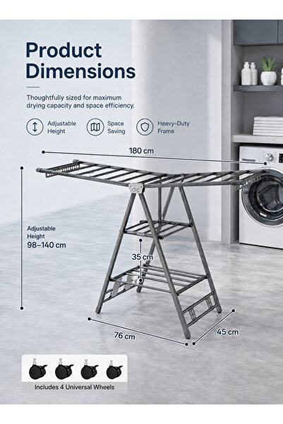 Yoawllty Carbon Steel 3‑Tier Clothes Drying Rack 180cm,Foldable Standing Laundry Dry Rack,Collapsible Garment Airer for Indoor & Outdoor Home Use