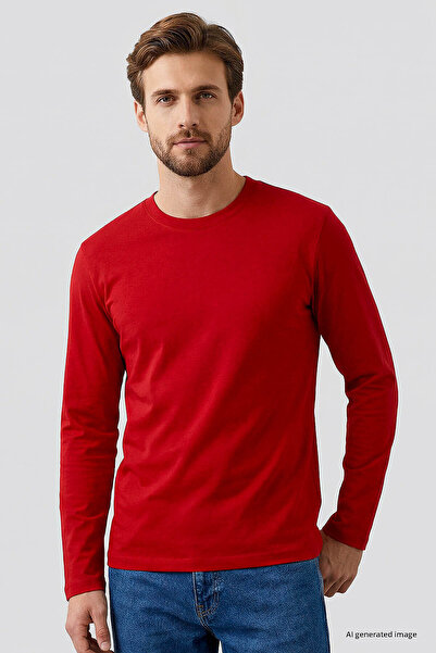 TOMMY LIFE Red Standard Fit Basic O Neck Long Sleeve Slim Men's T-Shirt - 87997