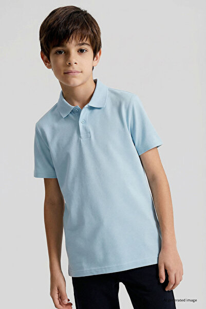 TOMMY LIFE Açık Mavi Polo Yaka Standart Fit Basic Unisex Çocuk T-Shirt - 11330