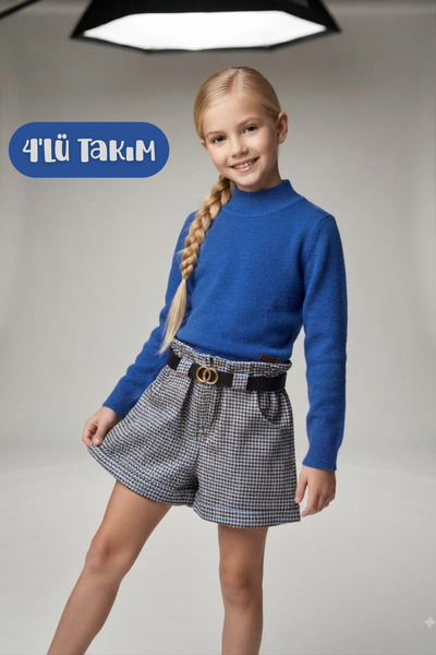 Hilal Akıncı Kids Girl's Knitwear Sweater Houndstooth Model Shorts Belt Black...