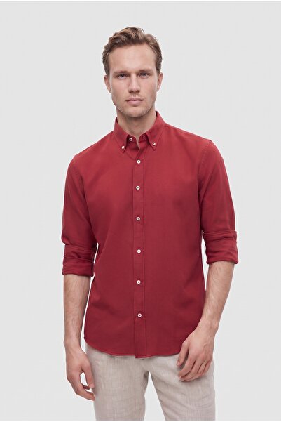 D'S Damat قميص Ds Damat Slim Fit باللون الأحمر الداكن وأزرار وأزرار من قماش أ...