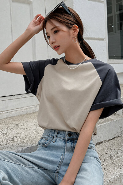 DUBU BUTİK Beige Body Smoked Raglan Sleeve T-Shirt - Oversize Crew Neck Short...