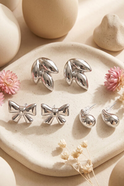Elika Silver Silver Color Bow, Drop and Leaf Model 3-Piece Earring Set