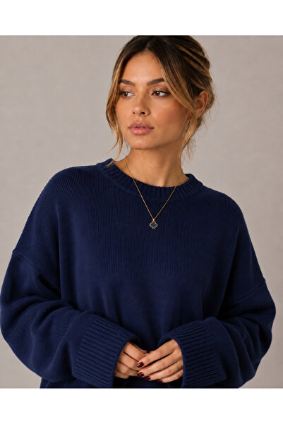 MODASPARK Pulover de damă oversize cu guler rotund albastru bleumarin