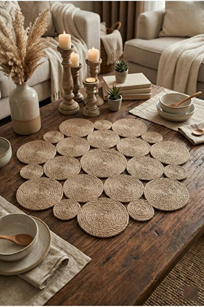 Homever Annular Yuvarlak Jüt Runner 90cm - Doğal Hasır Masa Orta Dekoru ve Su...