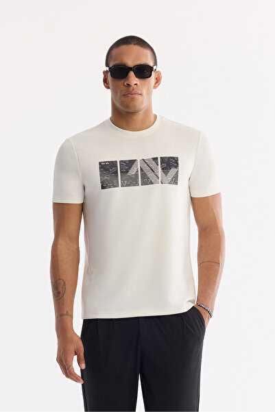 Avva Men's Ecru Crew Neck Printed Bi-Stretch Interlock Regular Fit T-Shirt A6...