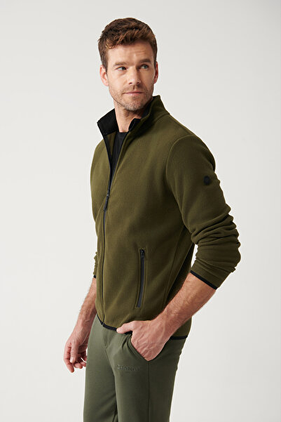 Avva Khakifarbene Basic-Fleece-Strickjacke mit Stehkragen für Herren E001069