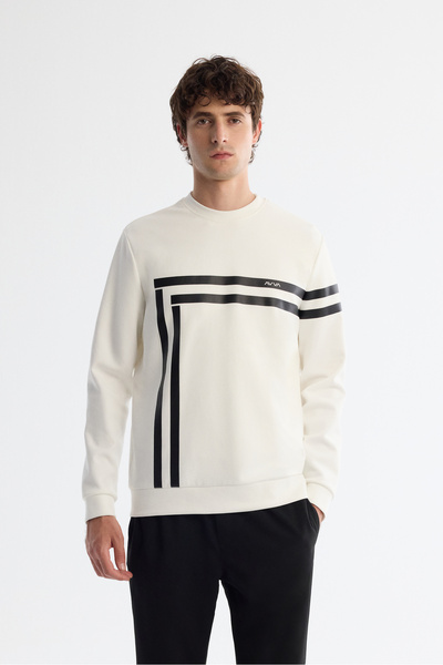 Avva Erkek Ekru Bisiklet Yaka Pamuklu Baskılı Elastan Regular Fit Sweatshirt ...