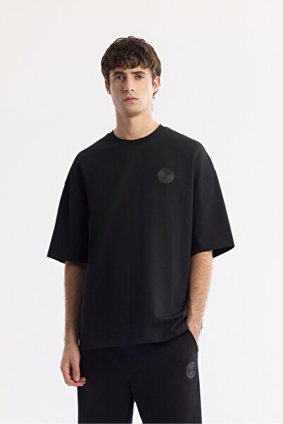 Avva Men's Black Crew Neck Printed Bi-Stretch 2 Thread Oversize Fit T-Shirt A...