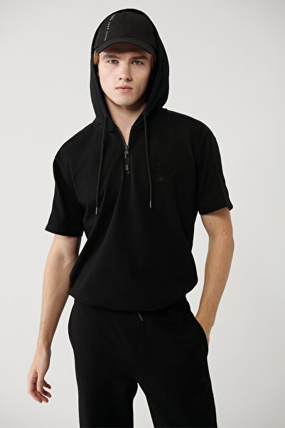 Avva Men's Black Hooded Jersey Garnished Regular Fit T-Shirt A41Y1233