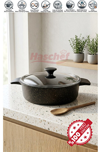 HASCHEF Kristal Döküm Yapışmaz Titanyum Kaplama Basık Tencere 26 Cm