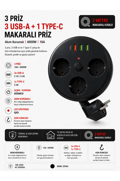 SMAYLİNG Akım Korumalı Makaralı Priz 3 Priz 3 USB-A 1 Type-C 2 Metre Kablo 40...