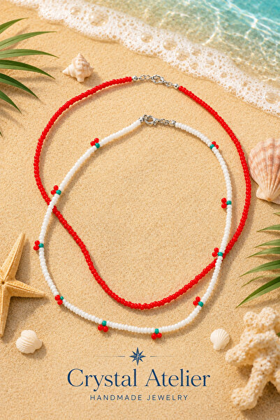 Crystal Atelier 2 Pieces Red And White Beaded Cherry Necklace