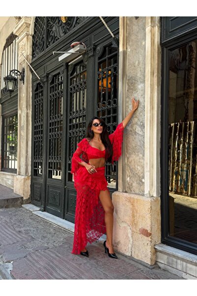 Miss Beyoğlu Γυναικεία δαντελωτή φούστα και μπλούζα από ύφασμα Lycra, Σετ δύο...