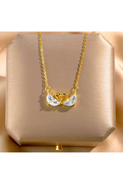 Herşey Nota Zircon Stone Heart Winged Women's Necklace – Gold Color Stainless...