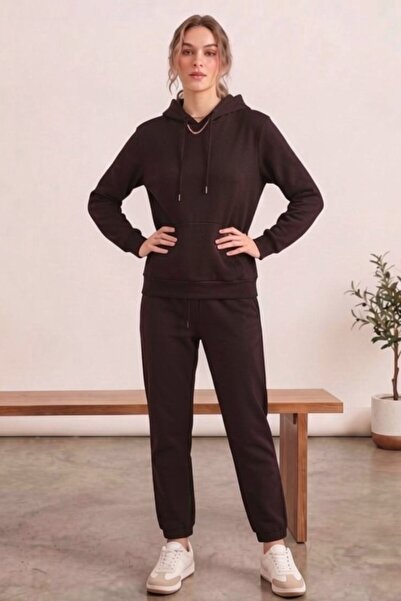 Moibody Women's 3 Threaded Yarn Hooded Sweatshirt and Jogger Bottom Set in Bi...