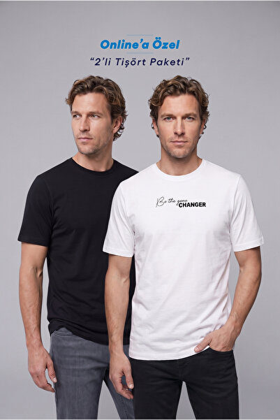 Kiğılı Crew Neck Regular Fit 100% Cotton Printed - Plain 2-Pack T-Shirt Set