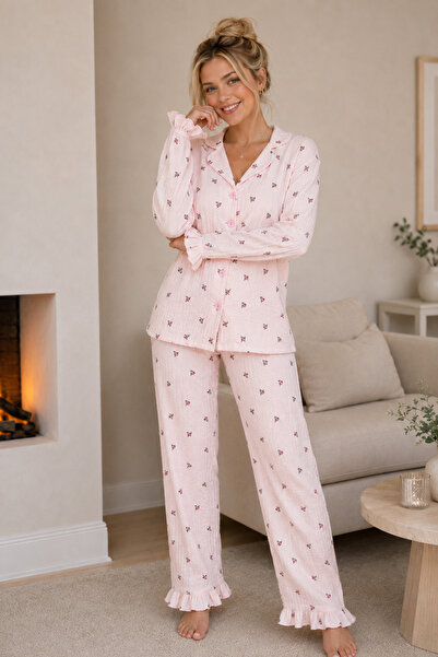 ELİTOL Kalp Desenli Bürümcük Örme Uzun Kol Kadın Düğmeli Pijama Takımı