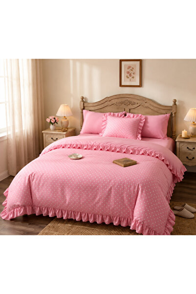 DüşEvi Pink Ruffle Detailed Polka Dot Duvet Cover Set Soft Textured Cotton Do...