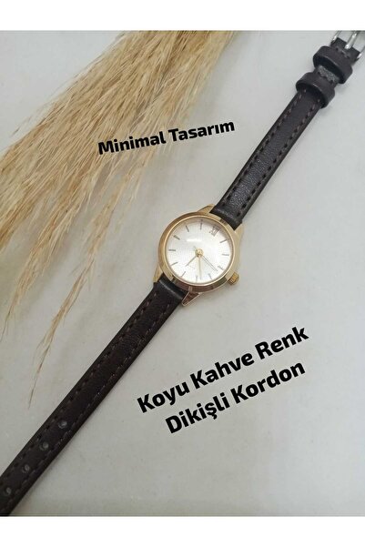 Brality Minimal Yuvarlak Tasarım- Koyu Kahve Renk Kordon- Gold Renk Kasa- Kad...
