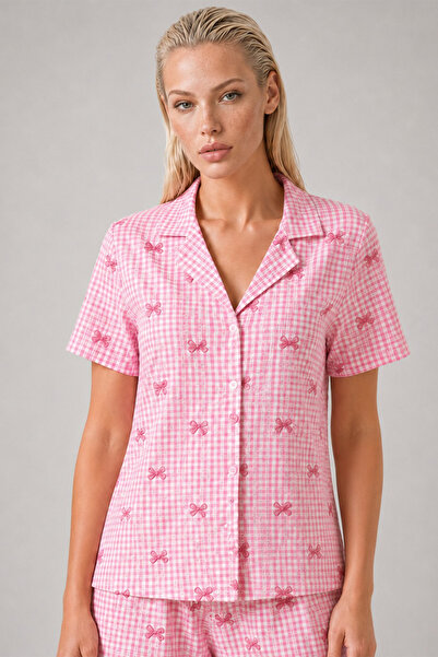 FİT WOMEN Plaid Bowknot Patterned Shorts Pajamas Set Women's Short Sleeve But...