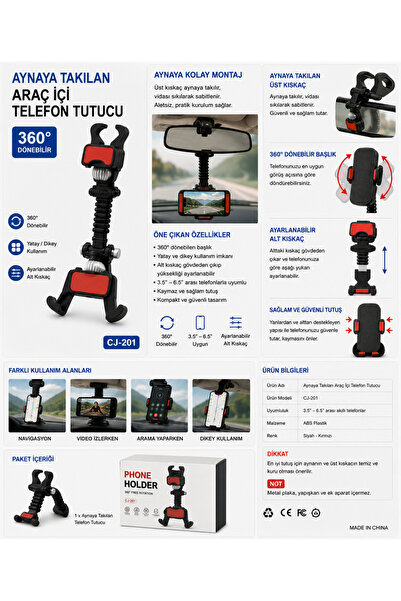 Oto Ayna Telefon Tutucu Dikiz Aynası Telefonluk 360 Derece Ayarlı