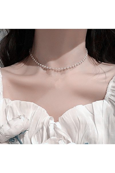 Choice سلسلة عنق نسائية فضية جديدة من الخرز، قلادة تشوكر من اللؤلؤ على طراز ا...