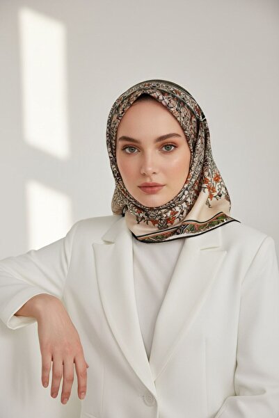 Vissona %100 Twill İpek Şal Desenli Haki Renkli 90x90 Eşarp Dikim Şekli : El ...