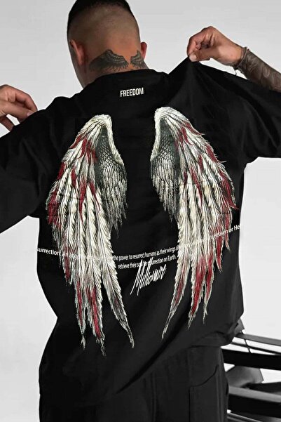 Teenage Millionaire Ανδρικό Μαύρο Oversize Casual T-Shirt με στάμπα  "Φτερό Ε...