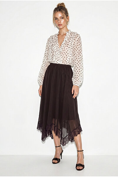 Bianco Lucci Γυναικεία φούστα με δαντέλα στο τελείωμα, ελαστική μέση, ασύμμετ...
