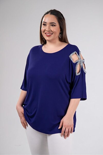 Roxxlen Γυναικεία μπλούζα με έναν ώμο σε μεγάλο μέγεθος με πέτρες