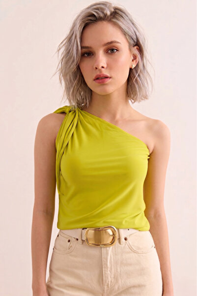 peralist Γυναικεία Πράσινη Μπλούζα με Έναν Ώμο με Λεπτομέρεια από Φλοράλ Υφάσ...