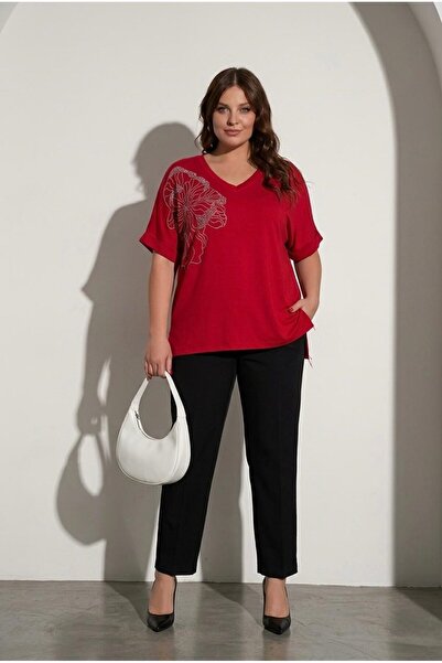 Koza Butik Women's Plus Size Short Sleeve V-Neck Stone Printed Viscose Blouse...