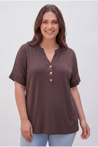 RMG Hakim Yaka Plus Size Buttoned Blouse Brown