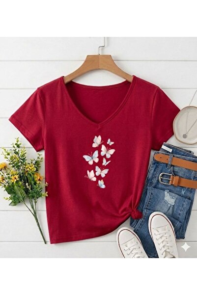 FAVORİST Γυναικείο μπλουζάκι με στάμπα BUTTERFLIES με λαιμόκοψη V και κανονικ...