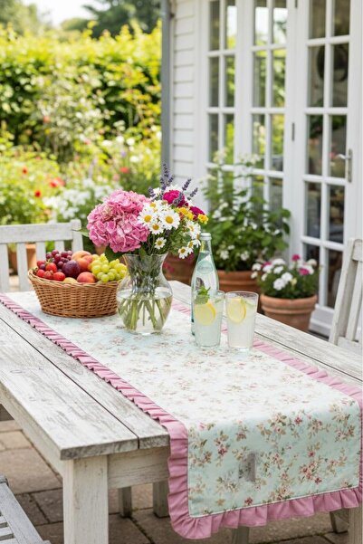 MAİSON ALİSA “Victorian Garden” Gül Kurusu ve Çiçek Desenli Runner 50 x 115 c...